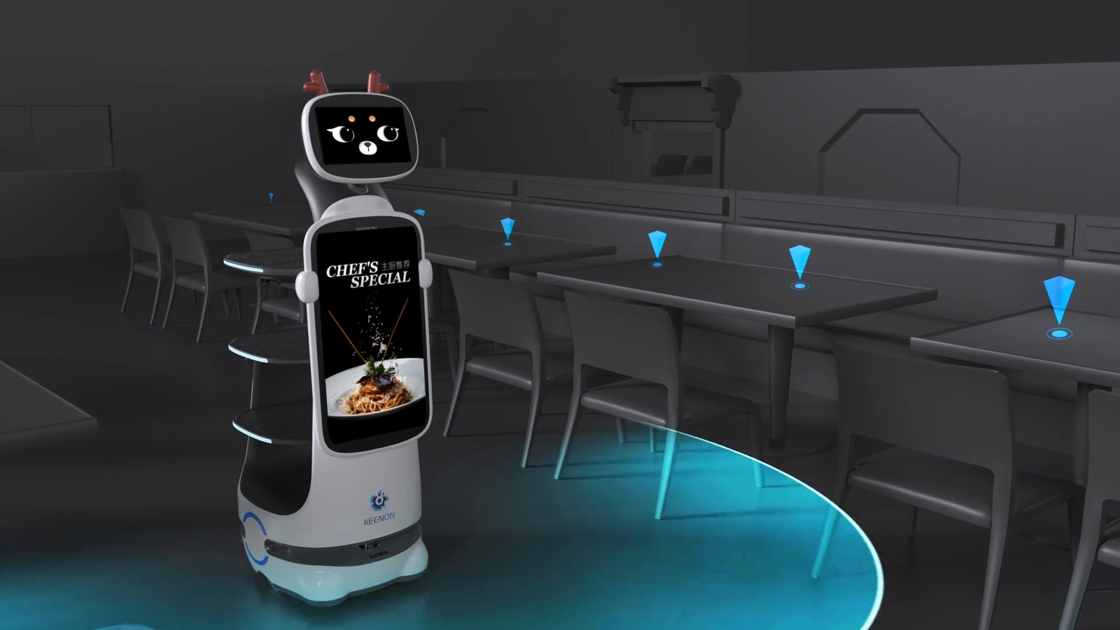 A sleek service robot serving in a futuristic restaurant